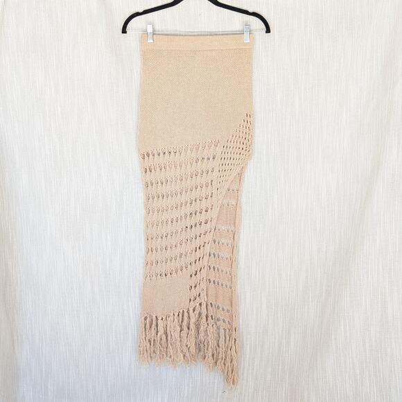 Flook/. Tan Cotton Georgie Crochet Open Knit Slit Fringe Midi Maxi Skirt, size S - Picture 1 of 9
